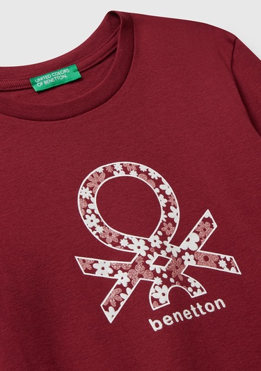  Kız Çocuk Bordo Parıltılı Logo Baskılı Regular Fit Uzun Kollu T-shirt