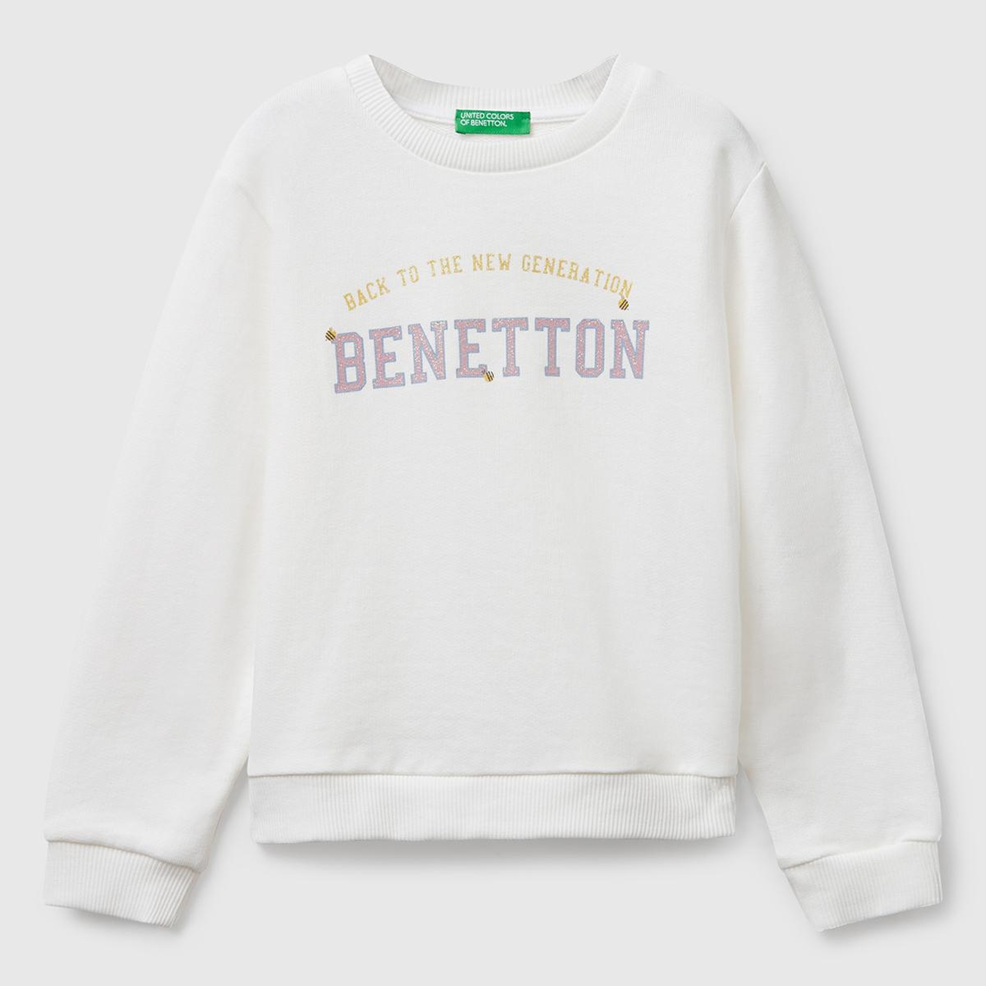 Kız Çocuk Ekru Önü Simli Logo Baskılı Nervürlü Regular Fit Sweatshirt