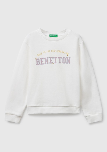  Kız Çocuk Ekru Önü Simli Logo Baskılı Nervürlü Regular Fit Sweatshirt