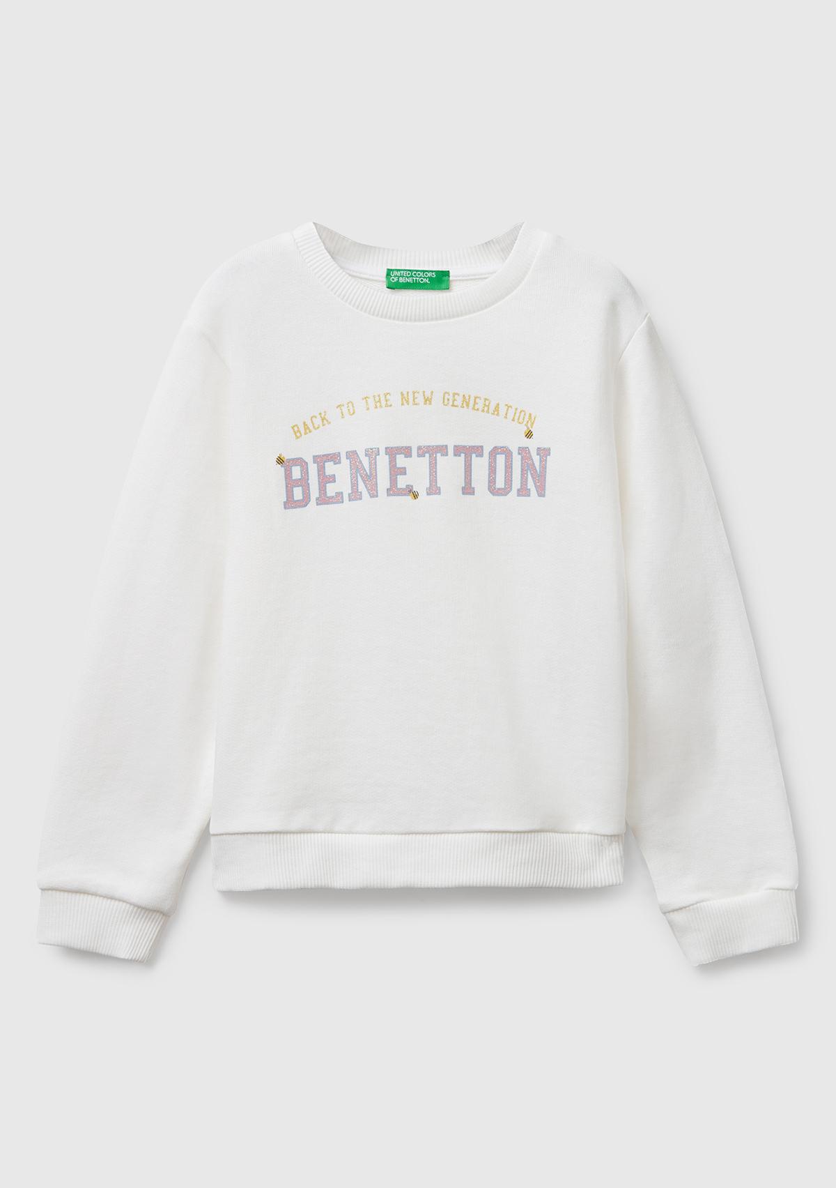  Kız Çocuk Ekru Önü Simli Logo Baskılı Nervürlü Regular Fit Sweatshirt