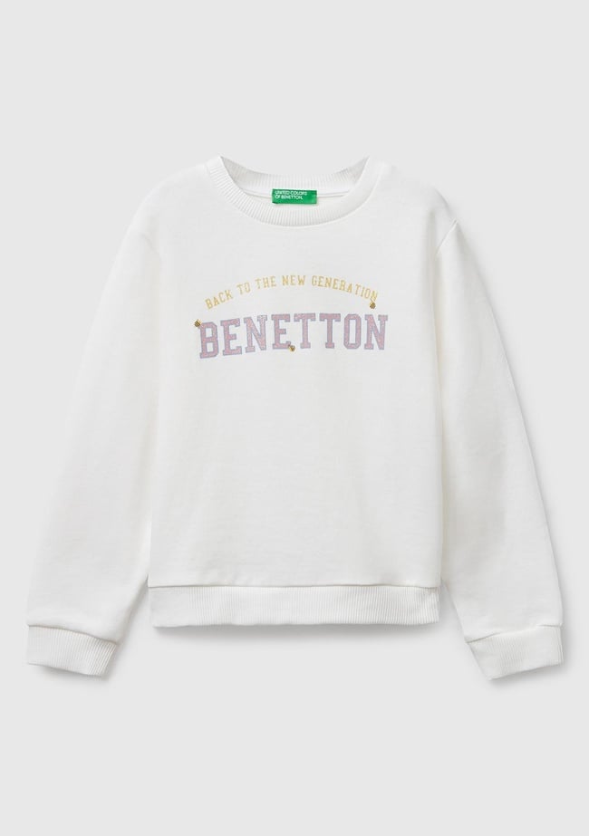  Kız Çocuk Ekru Önü Simli Logo Baskılı Nervürlü Regular Fit Sweatshirt