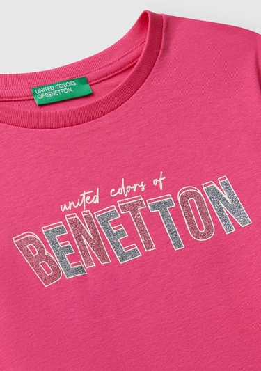  Kız Çocuk Pembe Parıltılı Logo Baskılı Regular Fit Uzun Kollu T-shirt