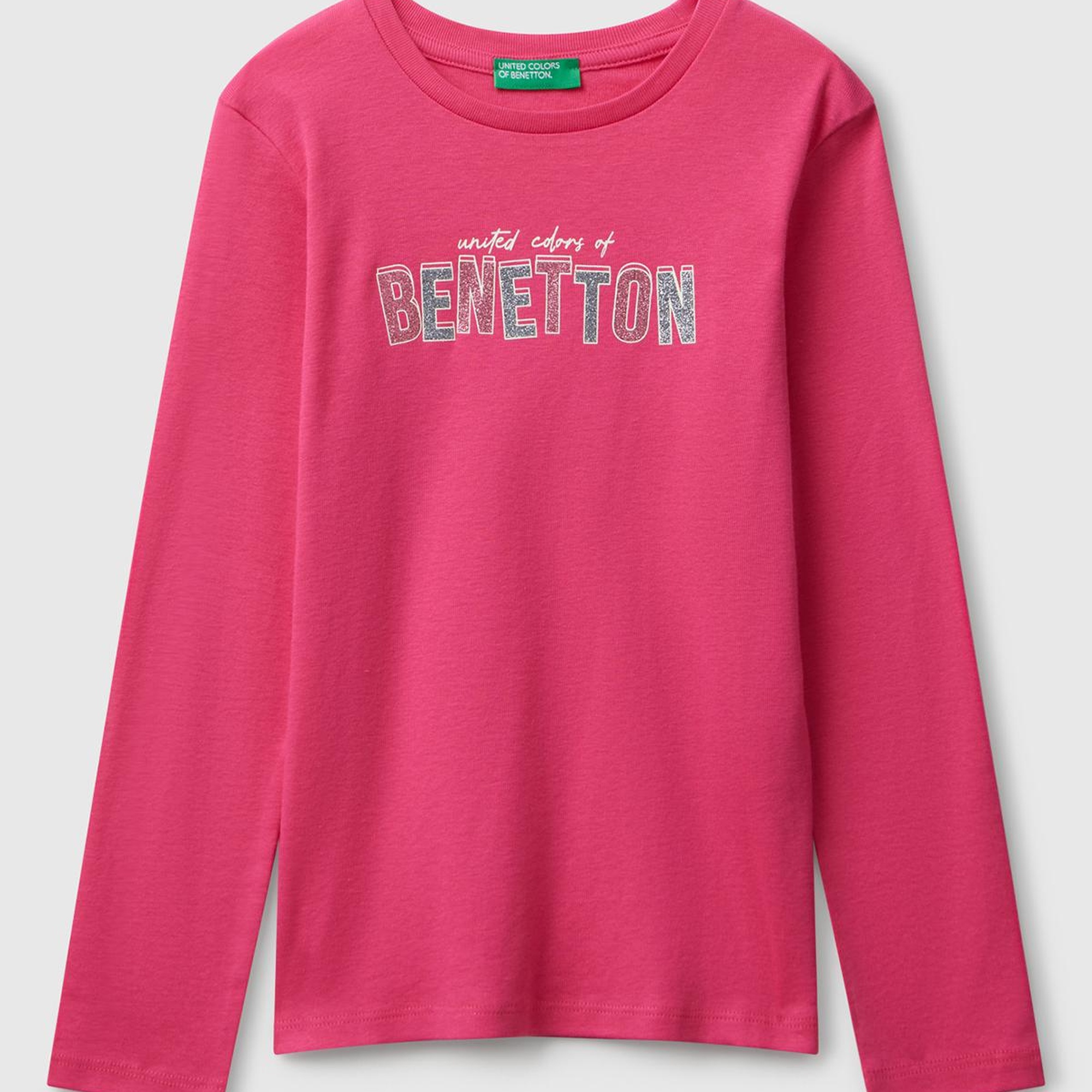 Kız Çocuk Pembe Parıltılı Logo Baskılı Regular Fit Uzun Kollu T-shirt