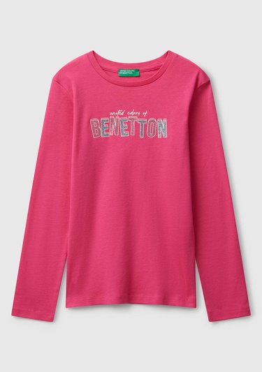 Kız Çocuk Pembe Parıltılı Logo Baskılı Regular Fit Uzun Kollu T-shirt