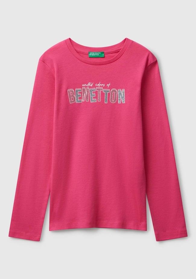  Kız Çocuk Pembe Parıltılı Logo Baskılı Regular Fit Uzun Kollu T-shirt