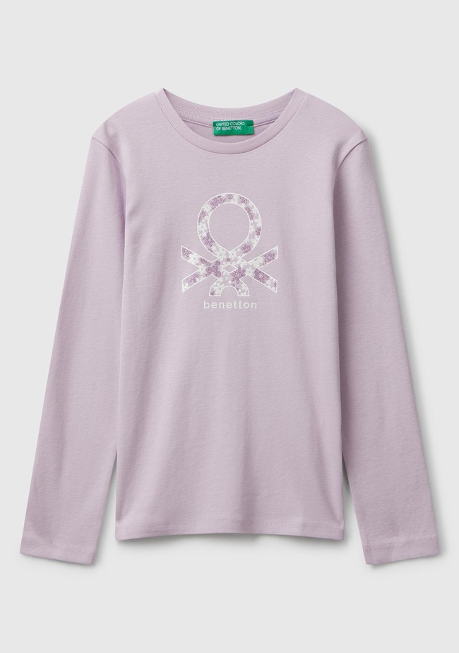  Kız Çocuk Lila Parıltılı Logo Baskılı Regular Fit Uzun Kollu T-shirt