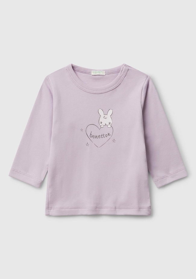  Bebek Lila Logo Baskılı Omzu Çıtçıtlı Bisiklet Yaka Uzun Kollu T-shirt