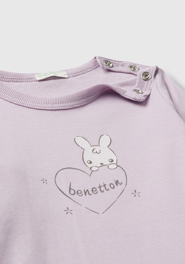  Bebek Lila Logo Baskılı Omzu Çıtçıtlı Bisiklet Yaka Uzun Kollu T-shirt