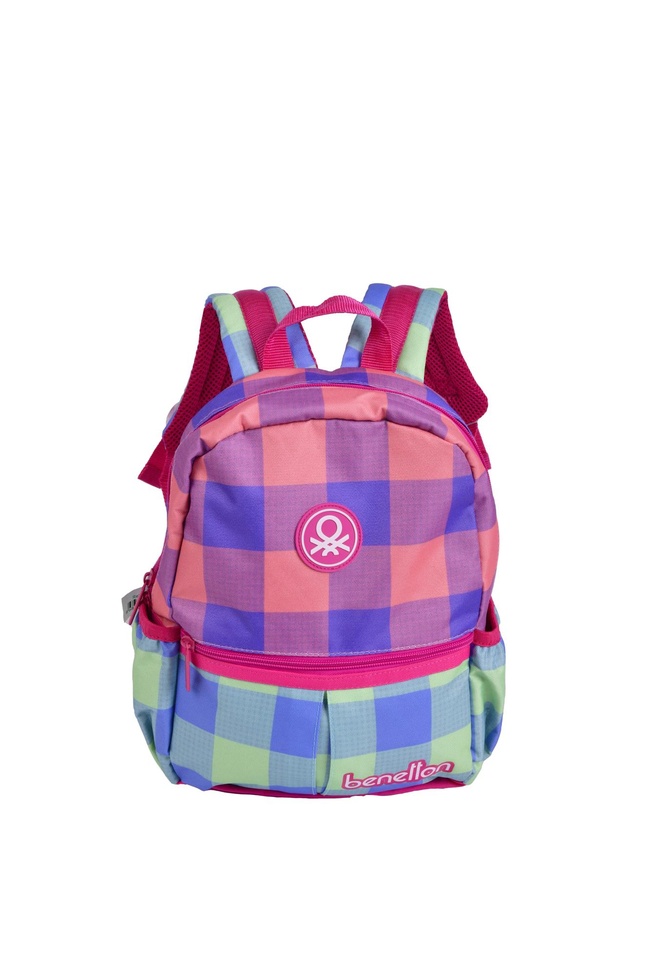  Kız Çocuk Pembe Ekose Desenli Benetton Yazılı Anaokul Çantası