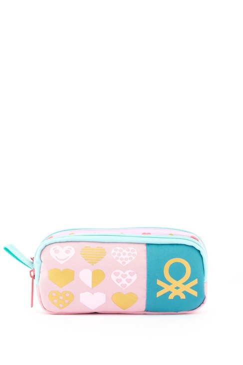  Kız Çocuk Pembe Kalp Desenli Benetton Yazılı Çift Bölme Kalem Kutusu