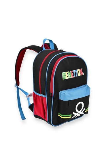  Erkek Çocuk Siyah Benetton Logolu Çift Bölme Sırt Çantası