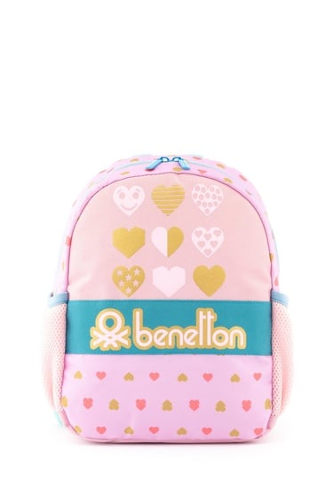  Kız Çocuk Pembe Kalp Desenli Benetton Yazılı Anaokul Çantası