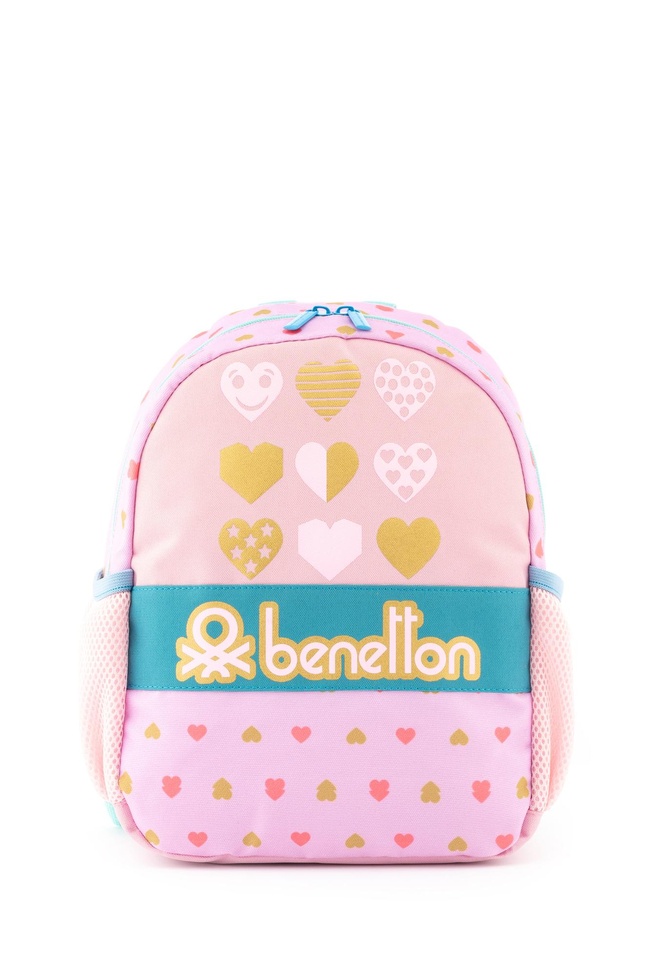  Kız Çocuk Pembe Kalp Desenli Benetton Yazılı Anaokul Çantası