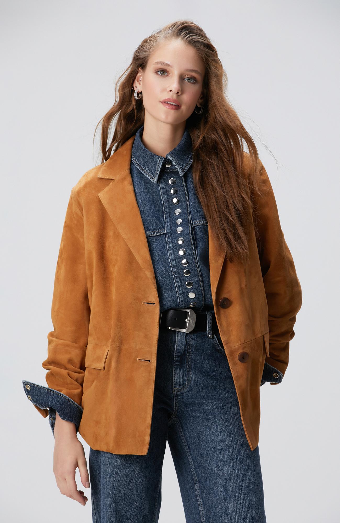  Network Kadın Camel Blazer Süet Deri Ceket