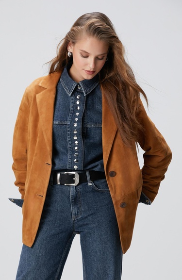  Network Kadın Camel Blazer Süet Deri Ceket