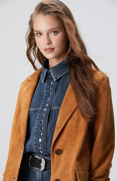  Network Kadın Camel Blazer Süet Deri Ceket