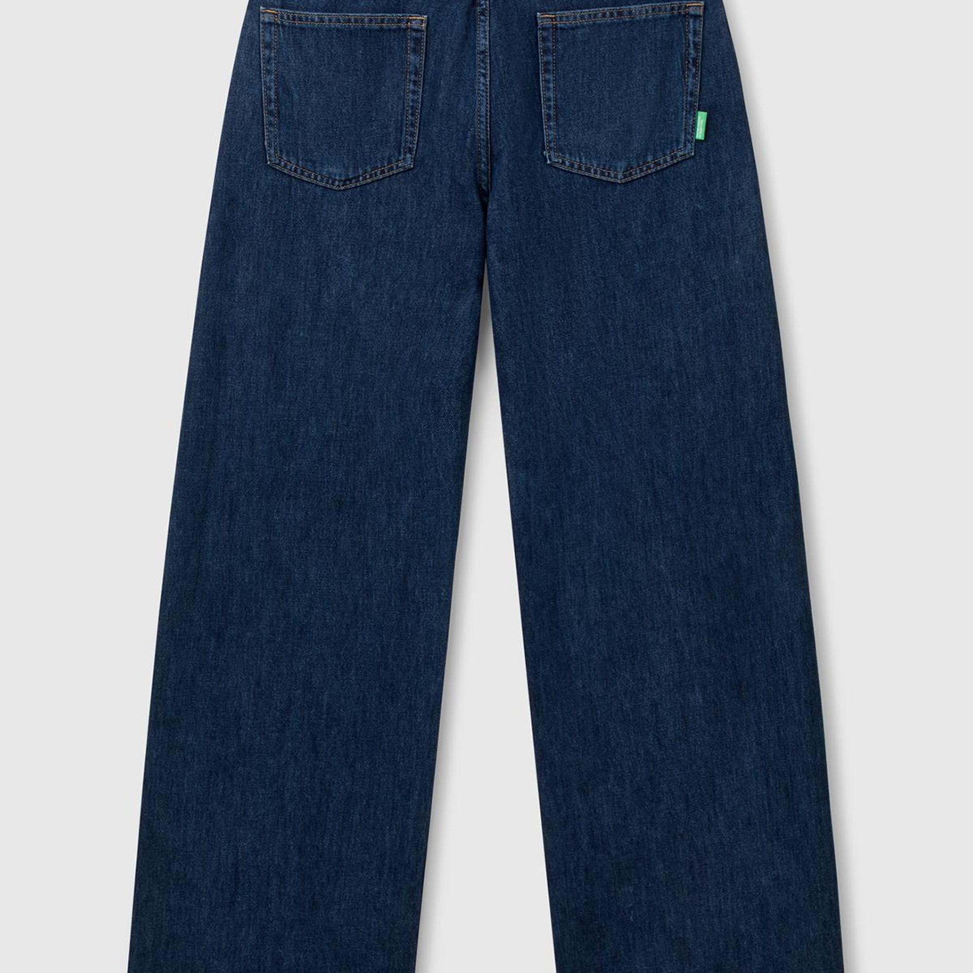 Kadın Koyu Mavi %100 Pamuk Etiket Detaylı Geniş Paça Denim Pantolon