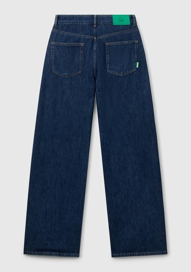  Kadın Koyu Mavi %100 Pamuk Etiket Detaylı Geniş Paça Denim Pantolon