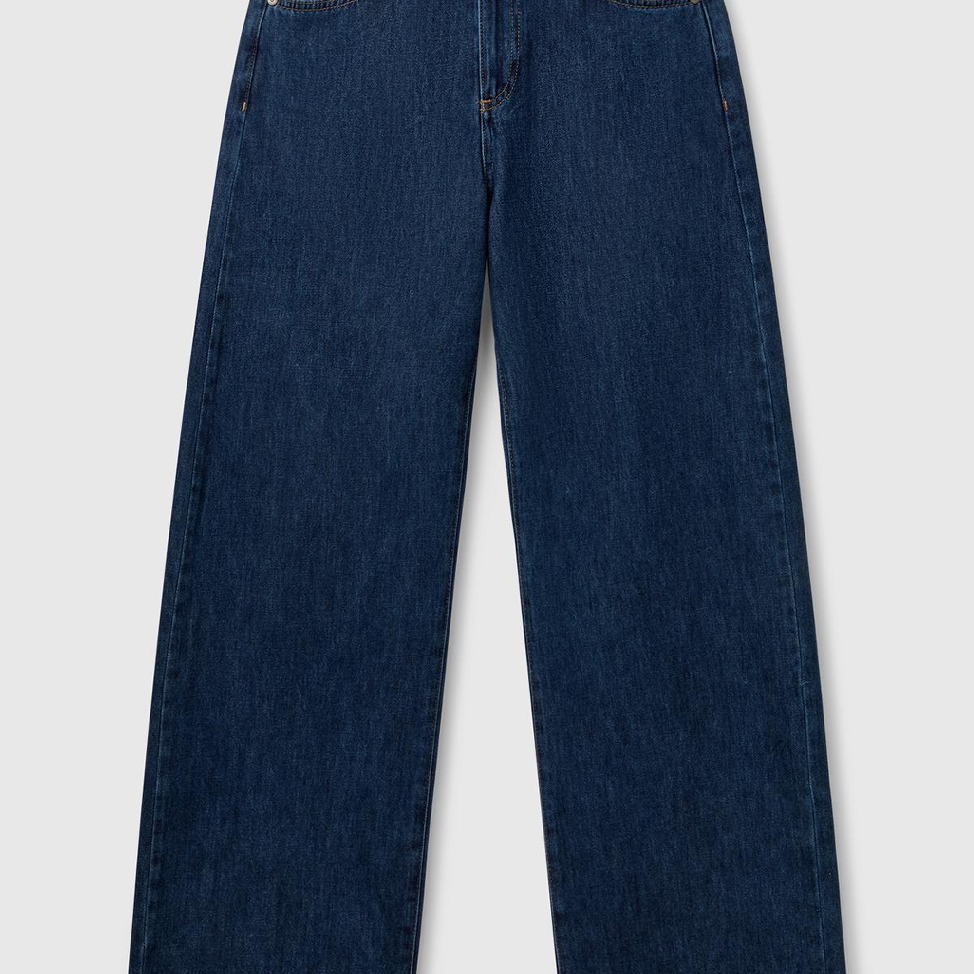 Kadın Koyu Mavi %100 Pamuk Etiket Detaylı Geniş Paça Denim Pantolon