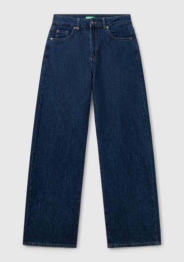  Kadın Koyu Mavi %100 Pamuk Etiket Detaylı Geniş Paça Denim Pantolon