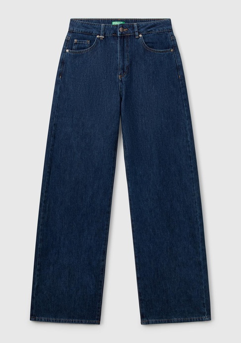  Kadın Koyu Mavi %100 Pamuk Etiket Detaylı Geniş Paça Denim Pantolon