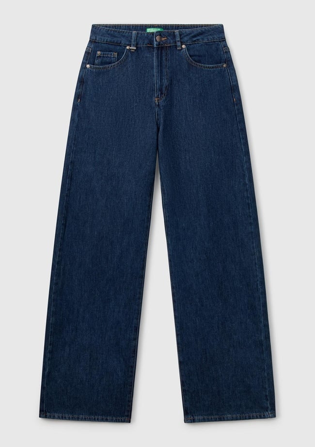  Kadın Koyu Mavi %100 Pamuk Etiket Detaylı Geniş Paça Denim Pantolon