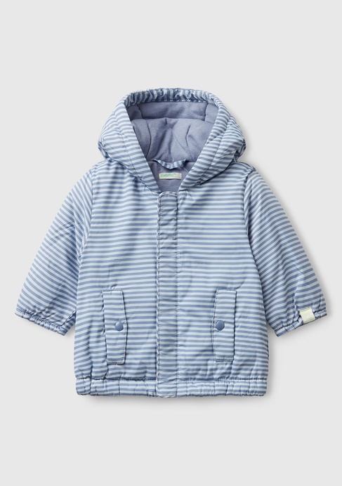  Bebek Mavi Tamamı Desenli Cepli Fermuarlı Kapüşonlu Ceket