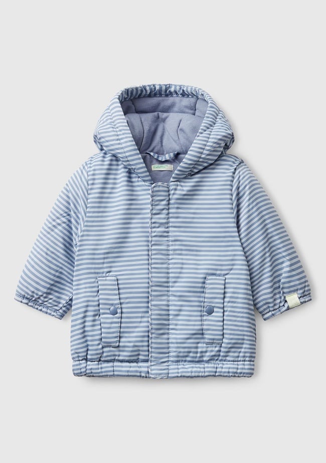 Bebek Mavi Tamamı Desenli Cepli Fermuarlı Kapüşonlu Ceket