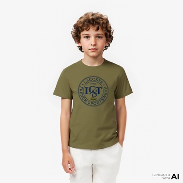  Lacoste Çocuk Bisiklet Yaka Baskılı Haki T-Shirt