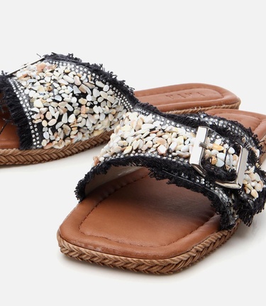  Kadın Siyah Yaya Taşlı Terlik