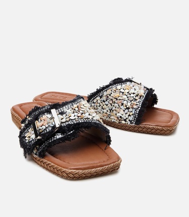  Kadın Siyah Yaya Taşlı Terlik