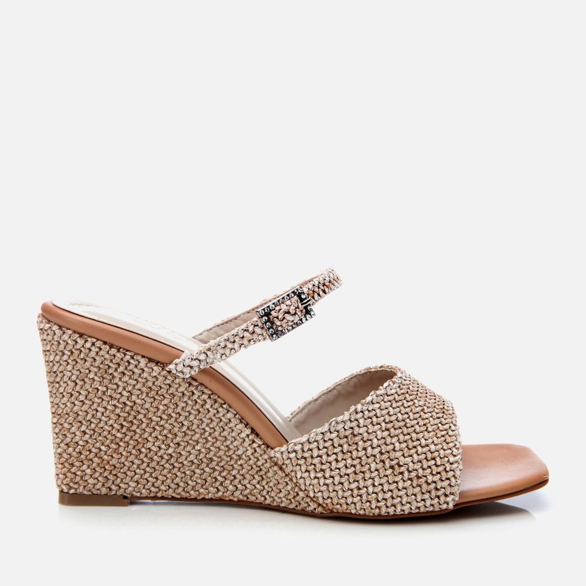 Kadın Bej Hasır Detaylı Dolgu Topuklu Terlik