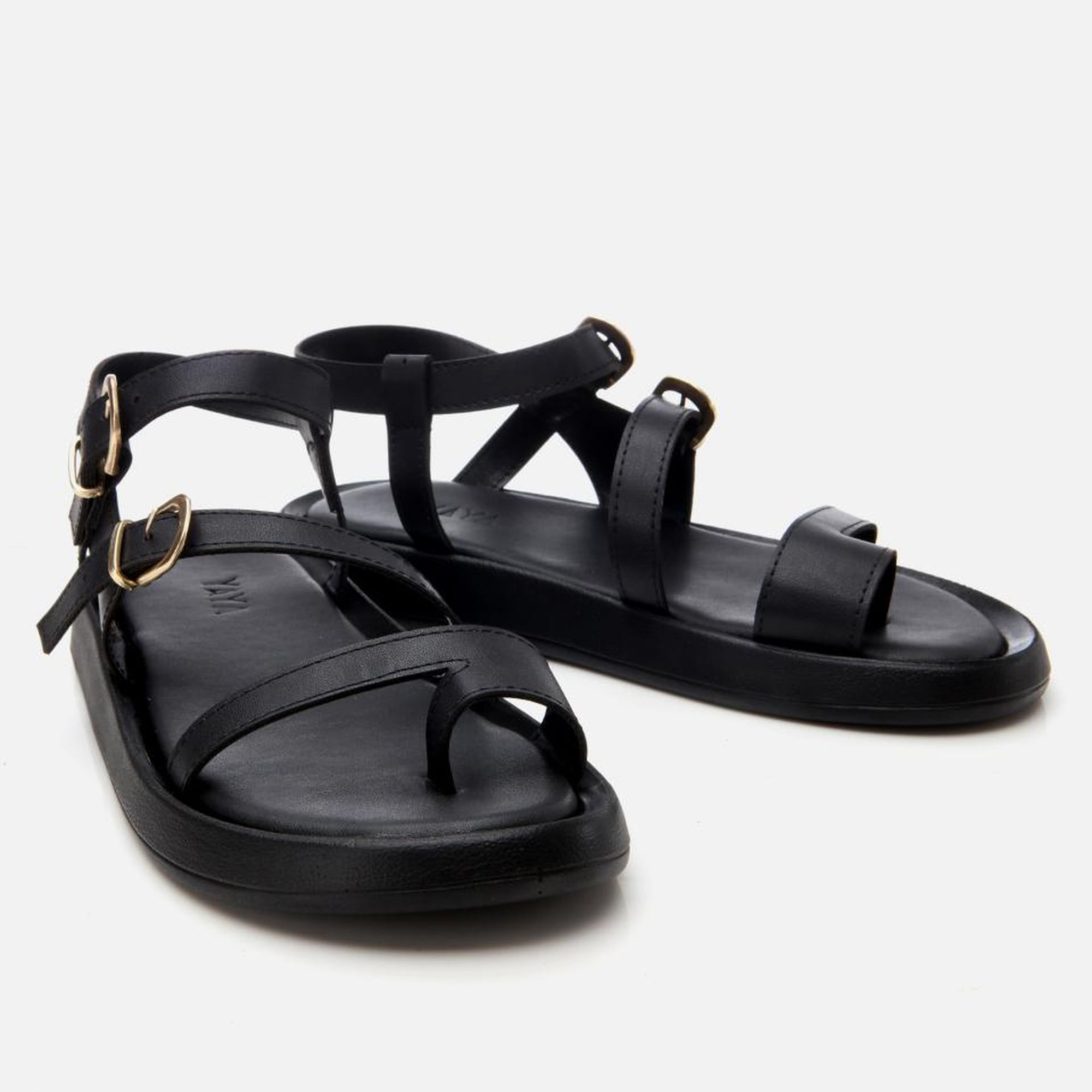 Kadın Siyah Yaya Ayarlanabilir Kemerli Düz Sandalet