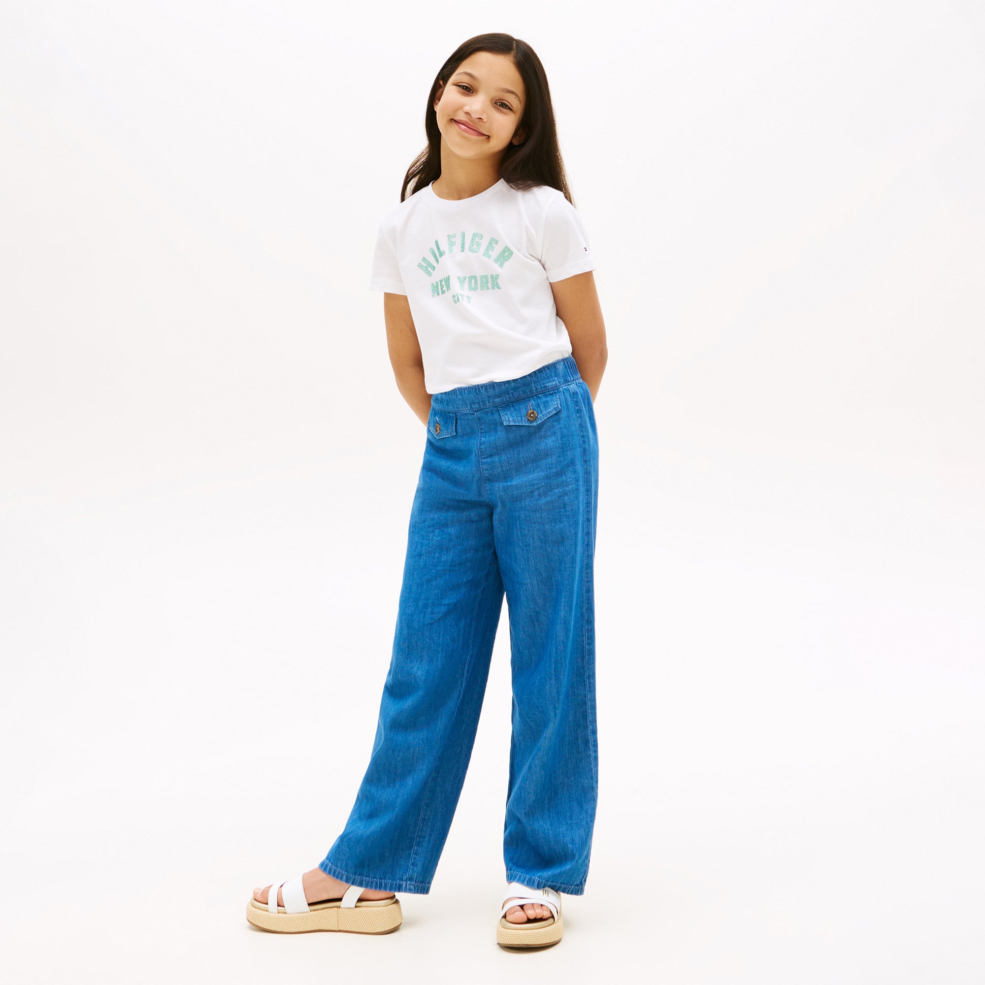  Tommy Hilfiger Glitter Curve NYC Logo Çocuk Beyaz T-Shirt