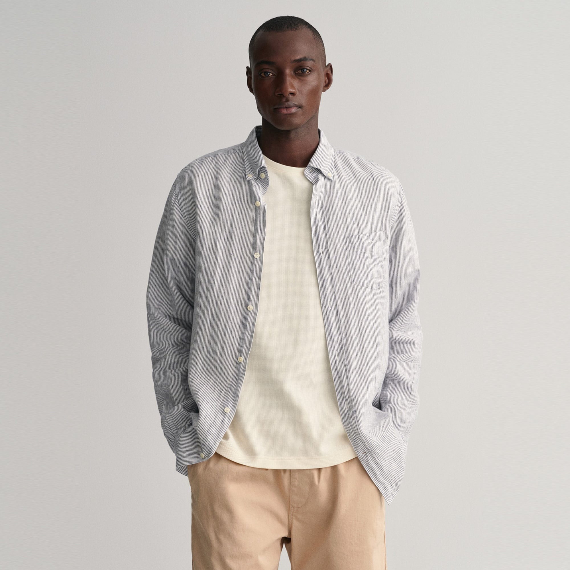 GANT Erkek Lacivert Regular Fit Çizgili Keten Gömlek