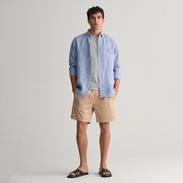  Gant Erkek Mavi Regular Fit Düğmeli Yaka Kareli Keten Gömlek