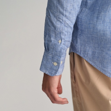  Gant Erkek Mavi Regular Fit Düğmeli Yaka Kareli Keten Gömlek