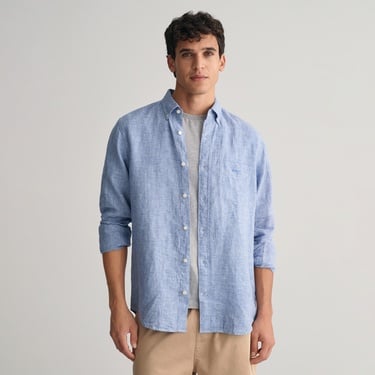  Gant Erkek Mavi Regular Fit Düğmeli Yaka Kareli Keten Gömlek