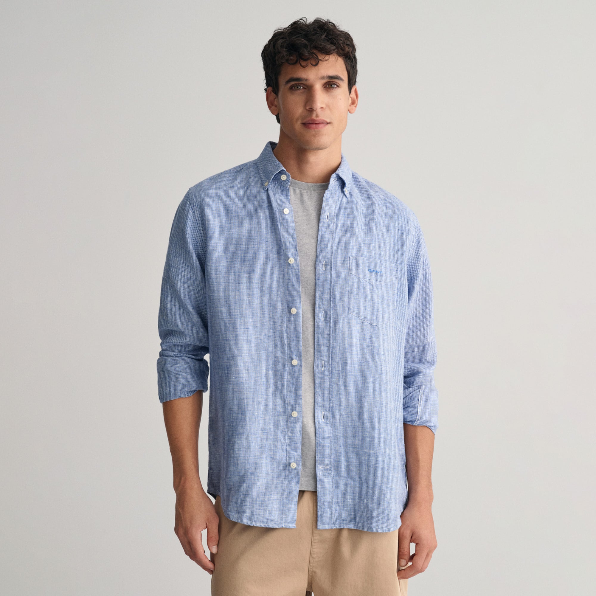  Gant Erkek Mavi Regular Fit Düğmeli Yaka Kareli Keten Gömlek