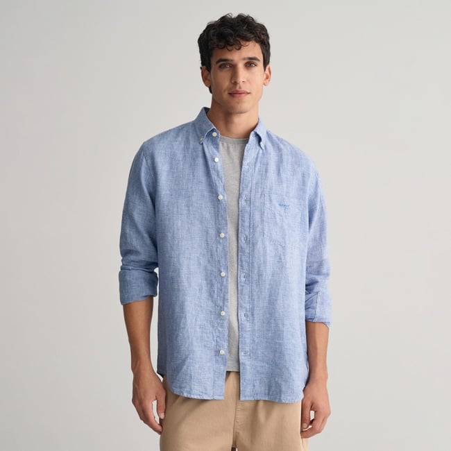  Gant Erkek Mavi Regular Fit Düğmeli Yaka Kareli Keten Gömlek