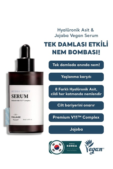  Village 11 Factory Hydro Boost Serum 50ml - Vegan Nem Bombası Yaşlanma Karşıtı Hyalüronik Asit ve Jojoba Nemlendirici Serum