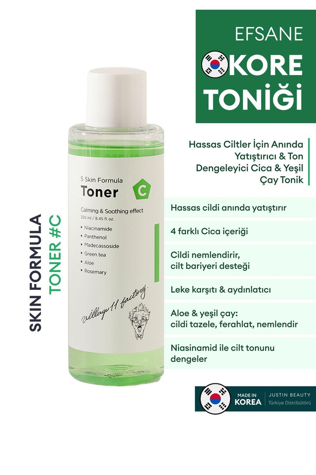  Village 11 Factory C Skin Formula Toner 250ml - Anında Yatıştıran ve Ton Dengeleyen Cica & Yeşil Çay Tonik