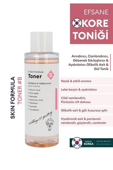  Village 11 Factory B Skin Formula Toner 250ml - Arındırıcı, Canlandırıcı ve Sıkılaştırıcı Gül & Glikolik Asit Tonik