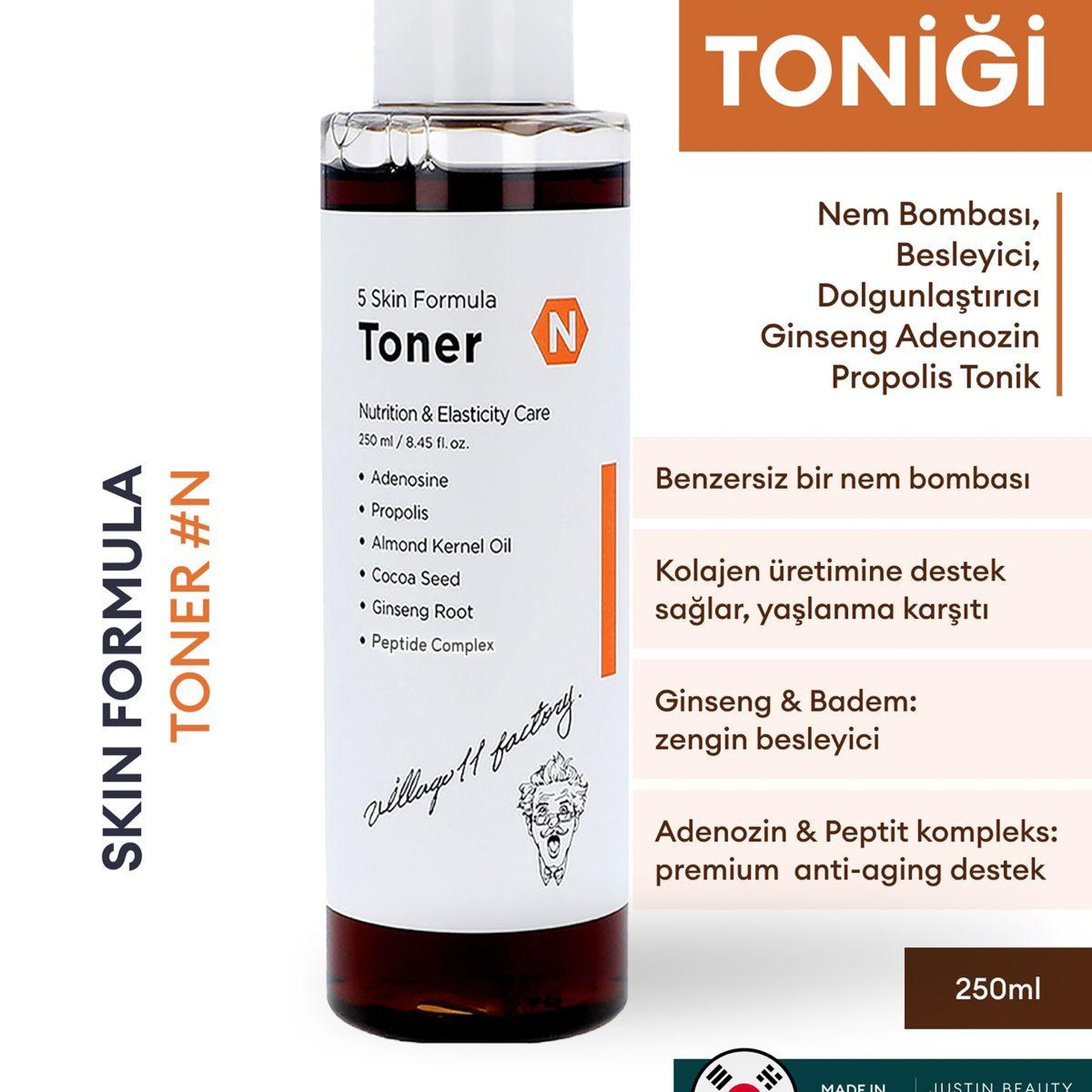 Village 11 Factory N Skin Formula Toner 250ml - Nem Bombası, Besleyici, Dolgunlaştırıcı Ginseng Adenozin Propolis Tonik