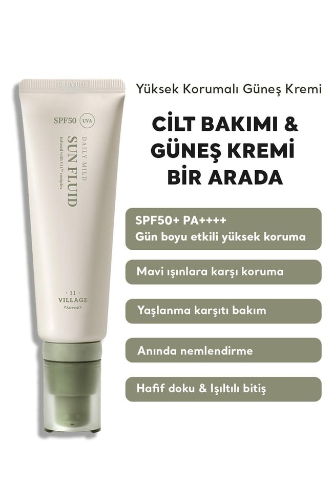  Village 11 Factory Daily Mild Sun Fluid SPF50+ PA++++ 50ml - Hafif Dokulu Günlük UV & Mavi Işık Yüksek Korumalı Vegan Adenozin Güneş Kremi