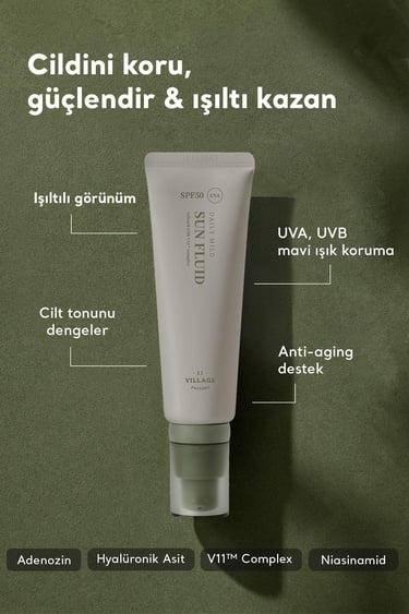  Village 11 Factory Daily Mild Sun Fluid SPF50+ PA++++ 50ml - Hafif Dokulu Günlük UV & Mavi Işık Yüksek Korumalı Vegan Adenozin Güneş Kremi