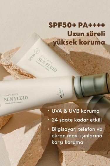  Village 11 Factory Daily Mild Sun Fluid SPF50+ PA++++ 50ml - Hafif Dokulu Günlük UV & Mavi Işık Yüksek Korumalı Vegan Adenozin Güneş Kremi