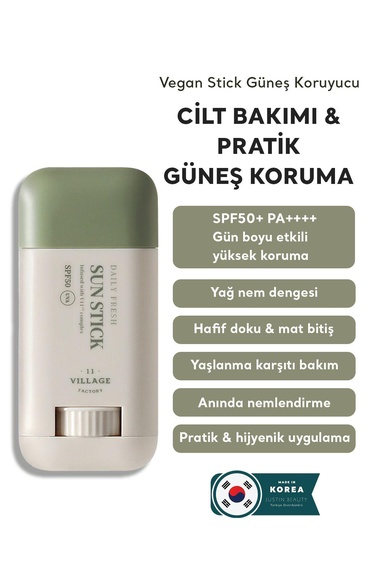  Village 11 Factory Daily Fresh Sun Stick SPF50+ PA++++ 20g - Yüksek UV Korumalı E Vitamini Nemlendirici Vegan Stick Güneş Koruyucu
