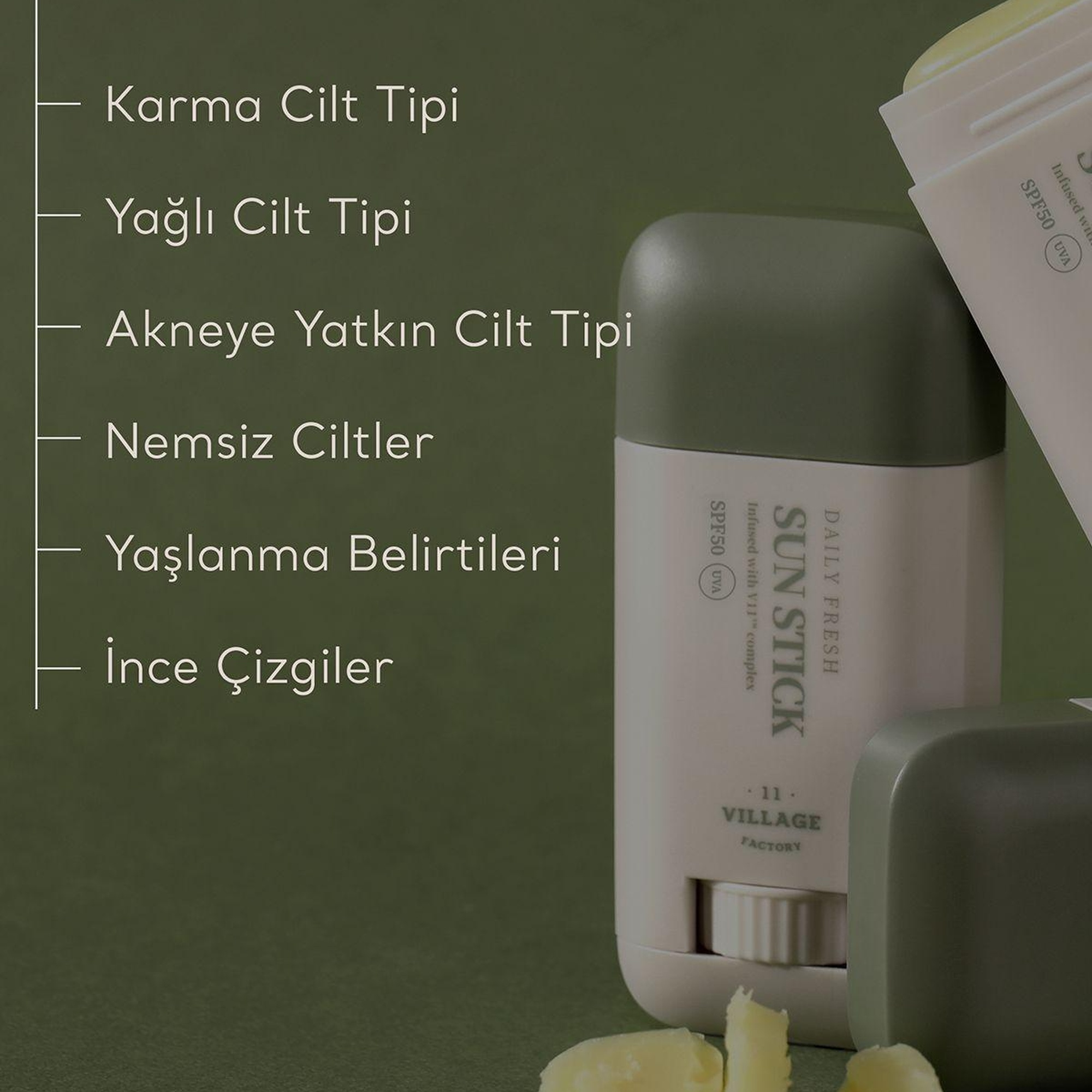 Village 11 Factory Daily Fresh Sun Stick SPF50+ PA++++ 20g - Yüksek UV Korumalı E Vitamini Nemlendirici Vegan Stick Güneş Koruyucu