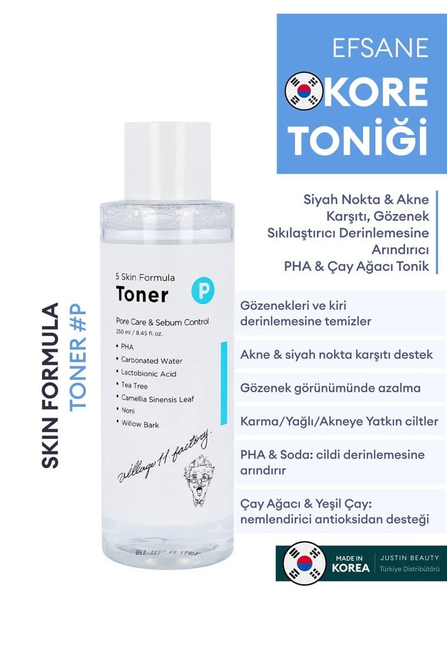  Village 11 Factory P Skin Formula Toner 250ml - Siyah Nokta & Akne Karşıtı, Gözenek Sıkılaştırıcı Arındırıcı PHA & Çay Ağacı Tonik